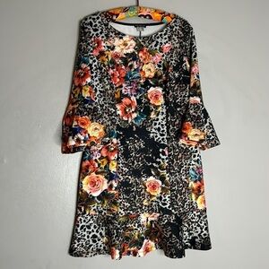Venus Scuba Long Bell Sleeve floral leopard ruffle mini dress large women’s
